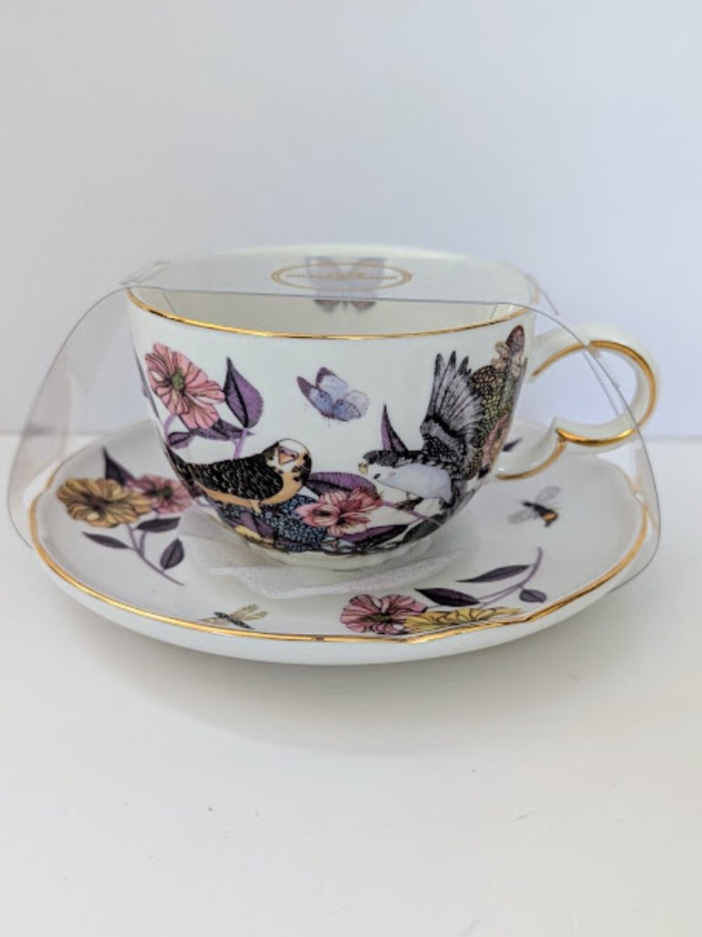Grace Teaware Parakeets and Flowers Teacup and Saucer Set Fine Porcelain